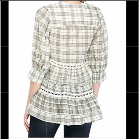 Free People Time Out Tunic Blouse Lace Crochet Plaid Boho Babydoll Sz S B37 - Picture 4 of 13